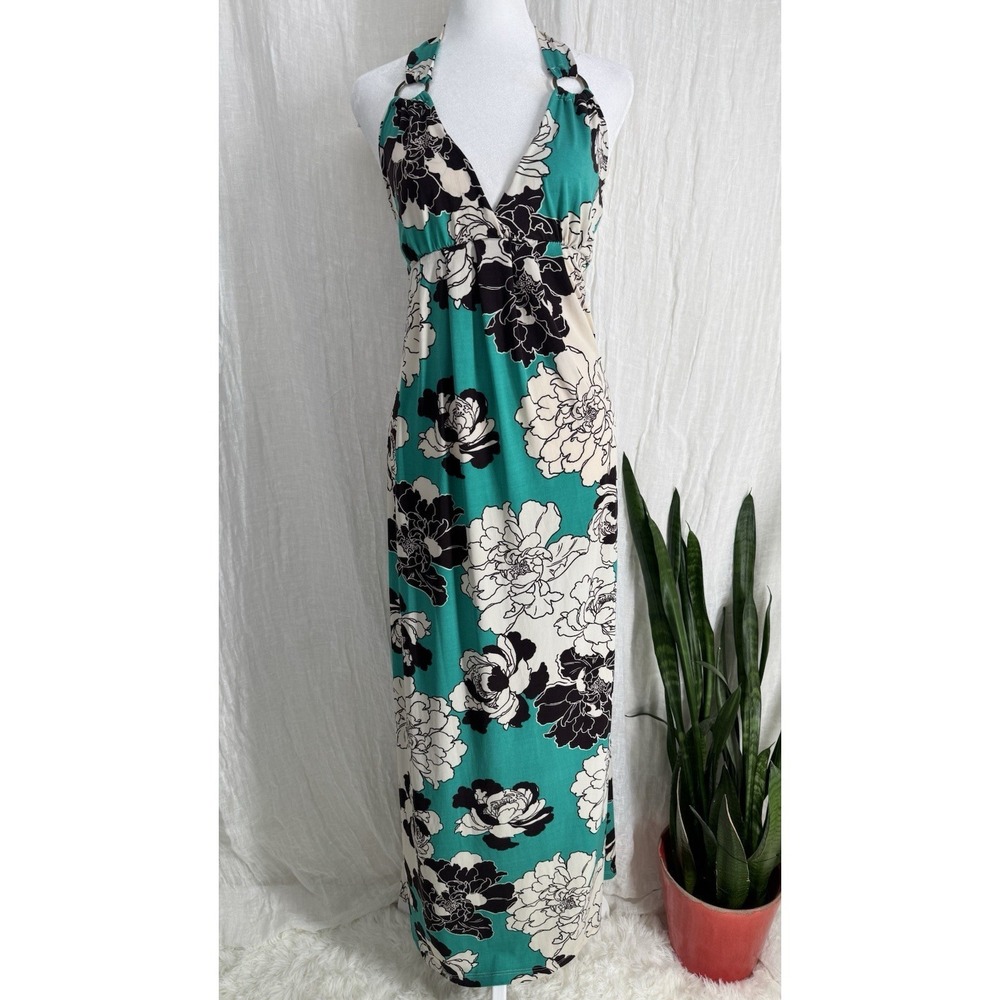 Vtg Y2K Resort Floral Halter Maxi Dress M Vacation Summer Beach Wedding Tropical